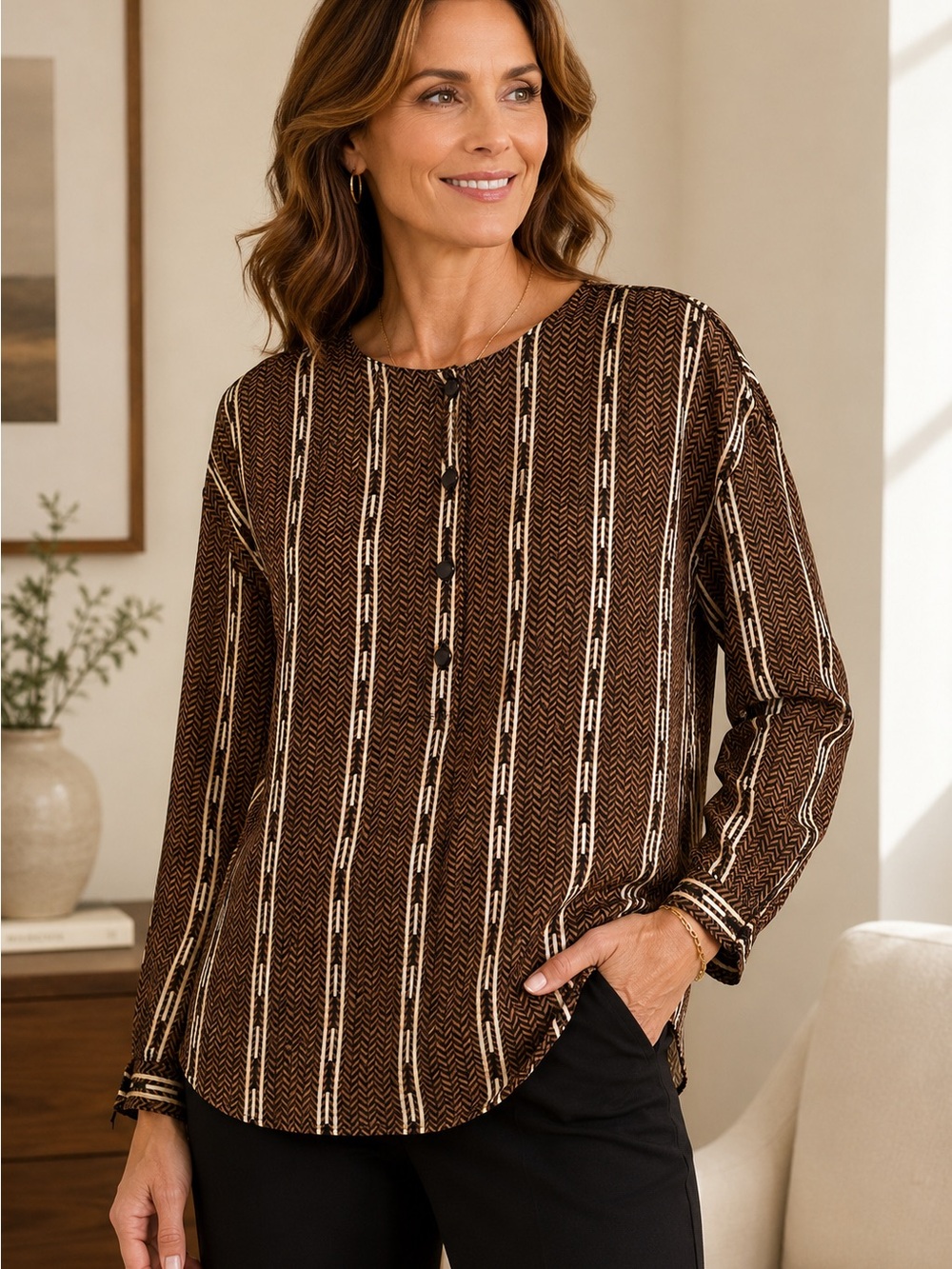Anne Crimmins for LM Collections 100% Silk Geometric Print Blouse Size 12